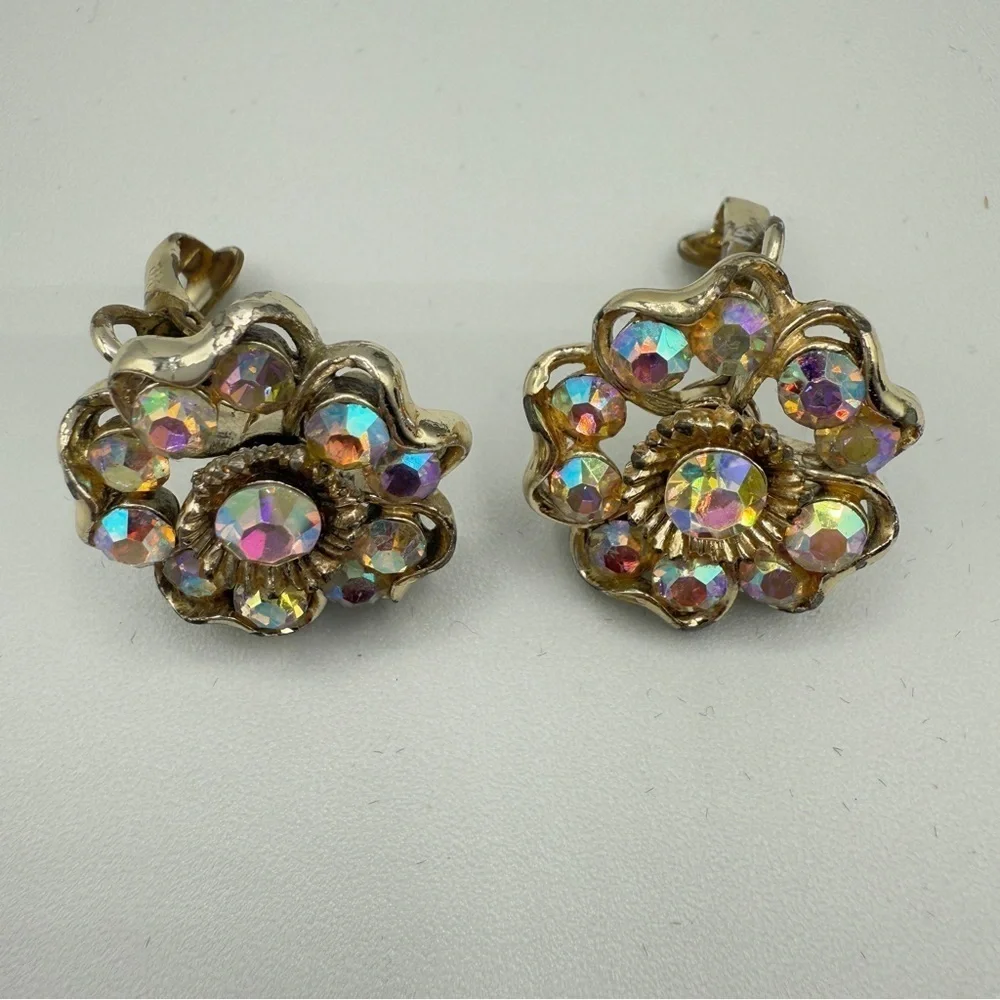 Vintage 1950s Coro Signed AB Floral Crystal Rhinestone Clip On Earrings